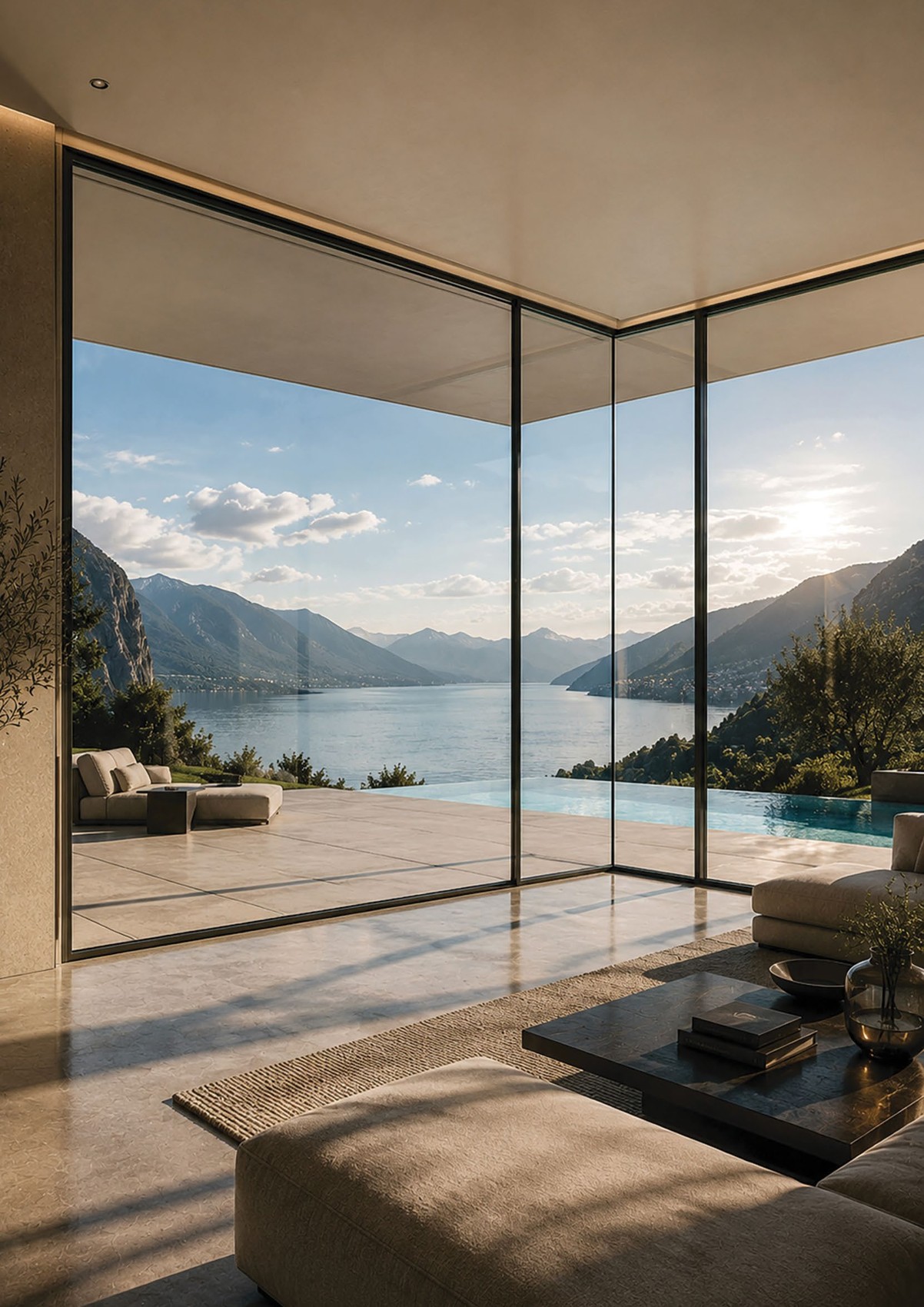 Floor-to-ceiling glass overlooking a lake and mountain landscape